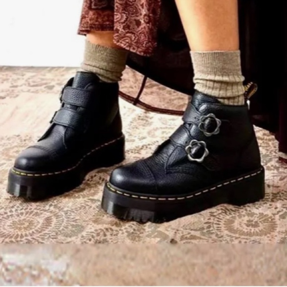 Dr. Martens Black Leather Platform Buckle Ankle Boots
